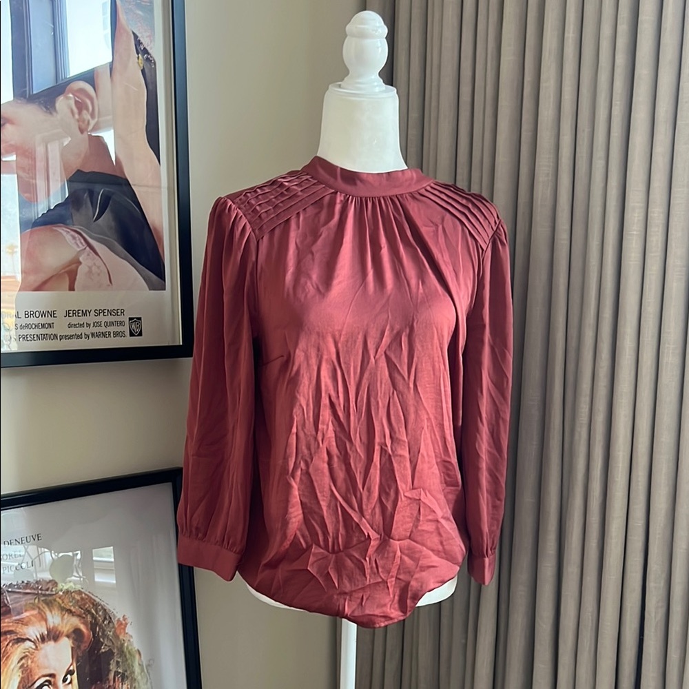 Modcloth Orange Red Pleated Long Sleeve Blouse